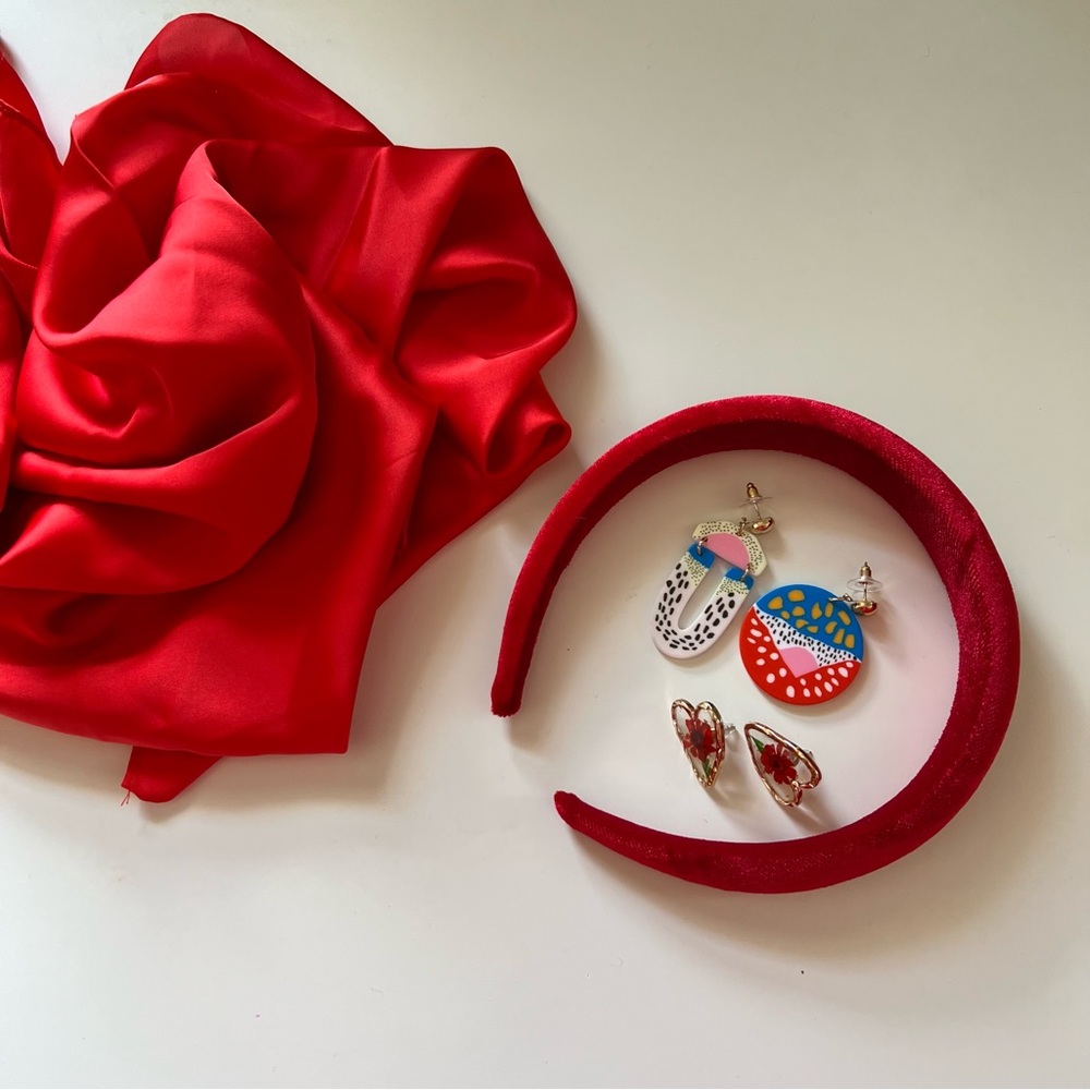 Red Accessory Bundle Earrings Scarf Velvet Headband